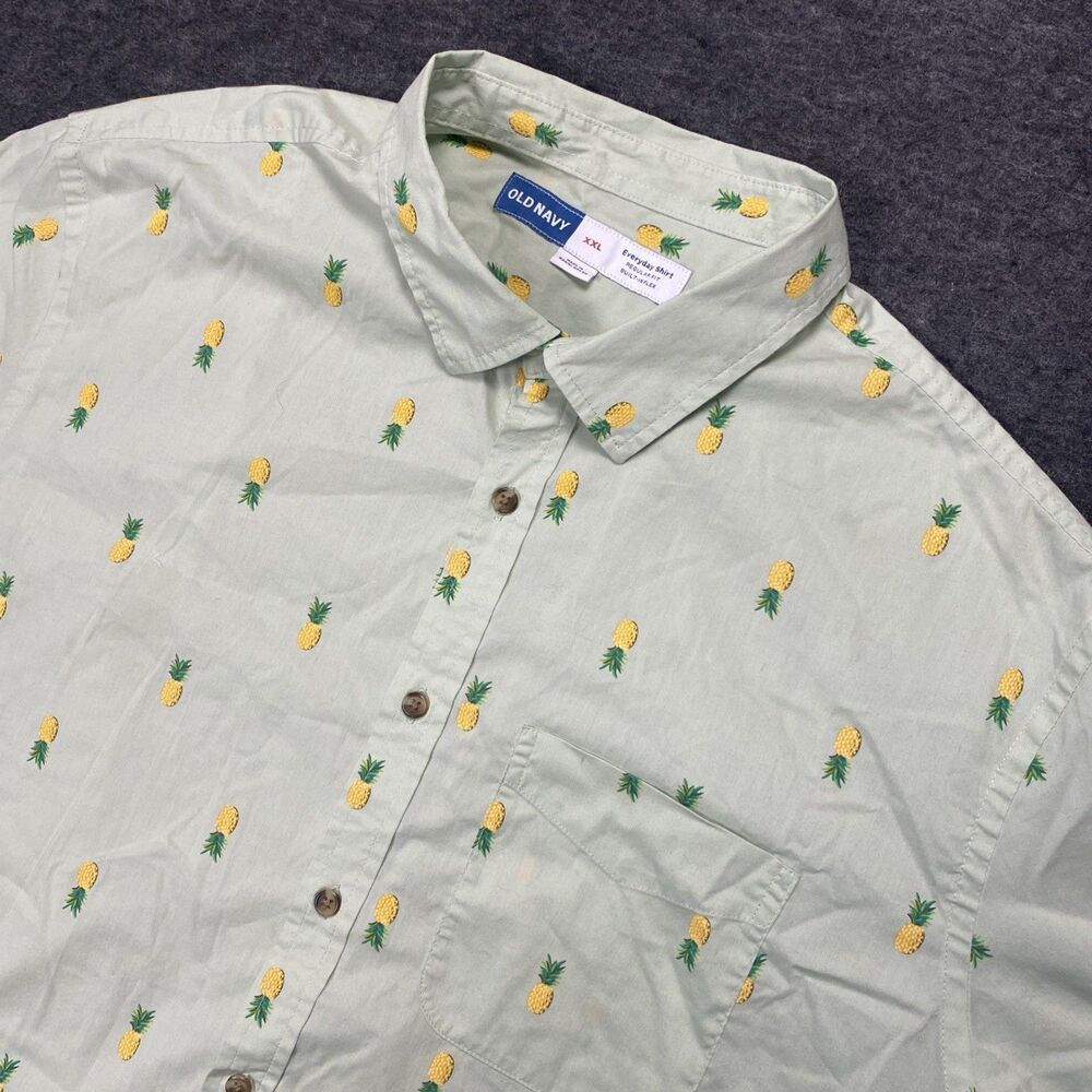 Old Navy Everyday Shirt Men XXL Light Green Pineapple Button Up Regular Fit Flex